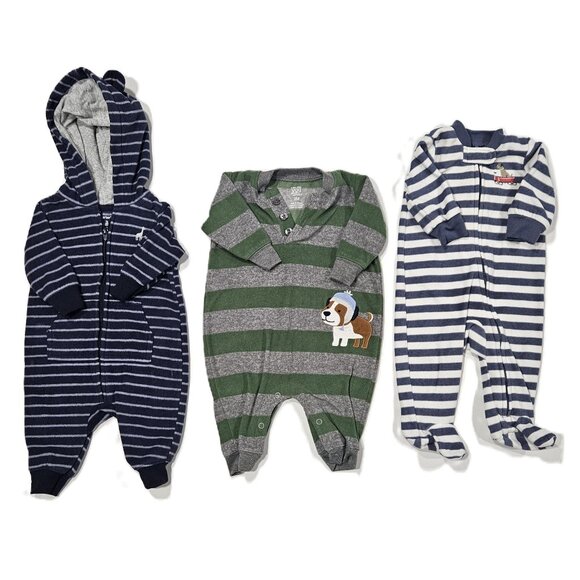 Baby 3M Fleece Sleepers Lot (3) – Hooded Zip & Henley Coveralls, Footed - Picture 1 of 9